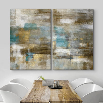 «Grunge Abstract Paint Effect Mid-Century Modern Teal Brown Stroke», reproduction sur toile 2 pièces