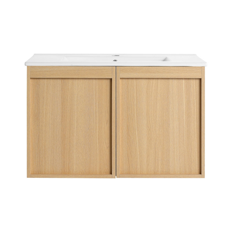 Meuble-lavabo flottant 30 po avec lavabo, armoire murale moderne en chêne clair, cuve en céramique à bord mince, portes à fermeture en douceur, rangement spacieux, installation facile