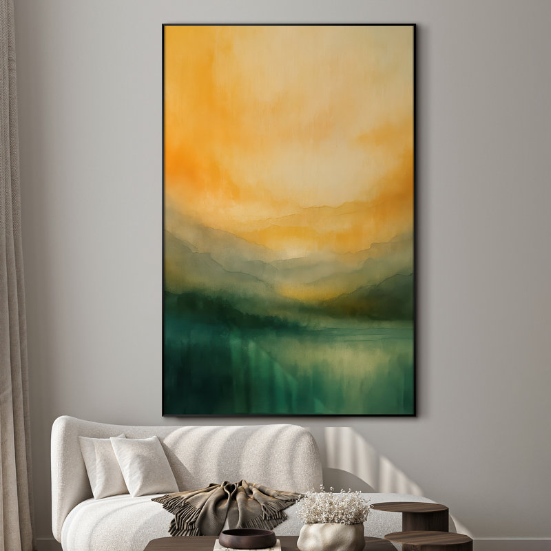 Très grande reproduction d'art sur toile - lever de soleil jaune, paysage de montagne brumeux vert, œuvre d'art pour le salon ou la chambre à coucher - «Assemblage requis du cadre (cadre non fini)»