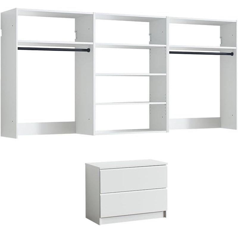  White Wall Mounted Modular Walk in Wood Closet System with Custom Storage Options