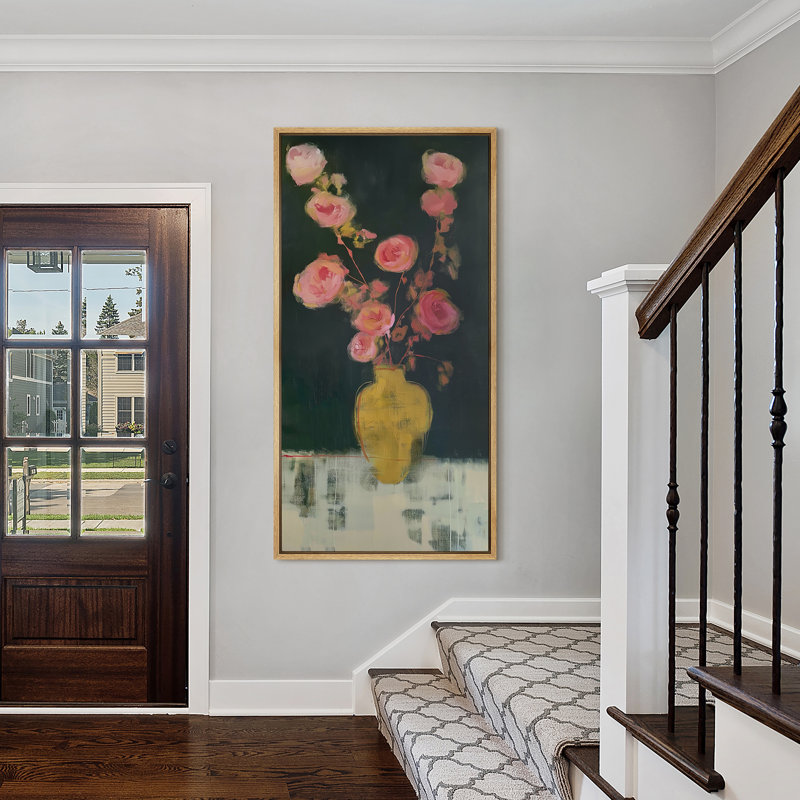 «Pink Blossoms in Vase Floral Still Life», reproduction d'art sur toile encadrée, H 60 po x l 30 po x P 1,5 po, Naturel