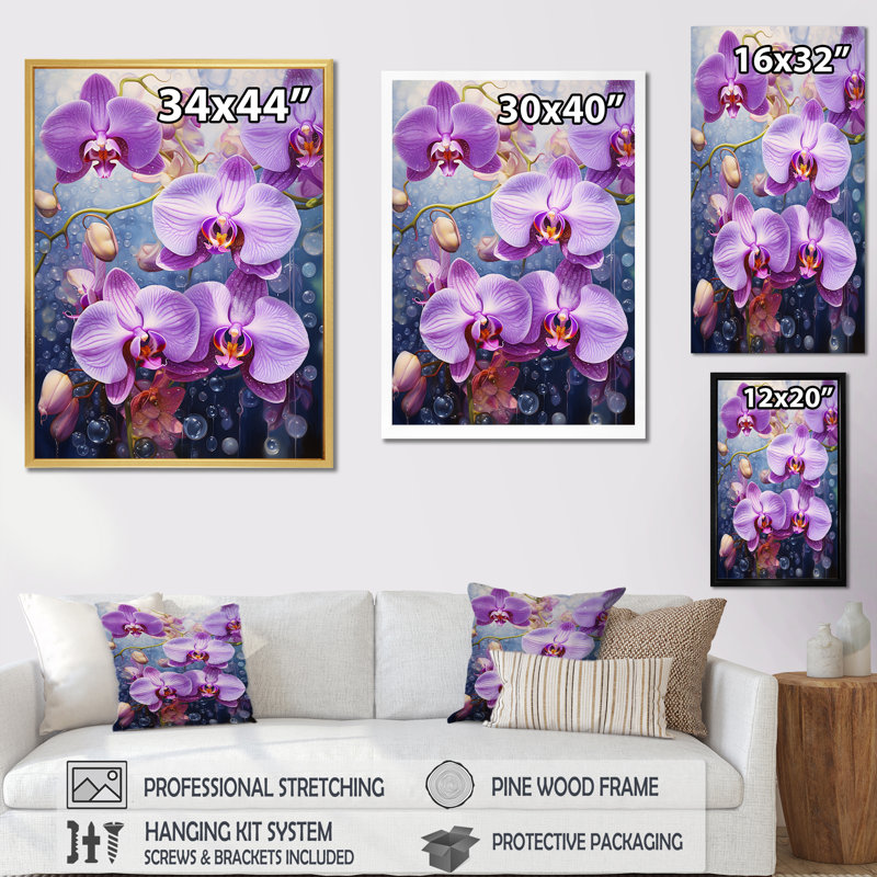 Collage d'orchidées mauves mauves sur toile, H 32 po x l 24 po x P 1 po, Cadre photo argenté