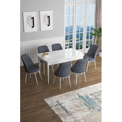 Modern Extendable Dining Table & Chairs Set (7 Pieces), White & Fume Colour | 100% MDF with Metal Legs | Table: 44.9 x 30.7 x 27.6 in (Open: 56.7 in) | Chairs: 17.7 x 35.8 x 16.5 in, Luxurious Comfort with 22 DNS Foam Back & 28 DNS Foam Seat