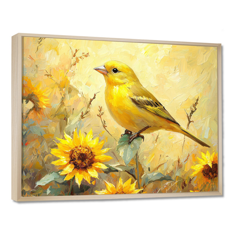 Oiseau pinson dans la ferme tournesols III - oiseau, art mural, Cadre flottant, H 24 po x l 32 po, Natural