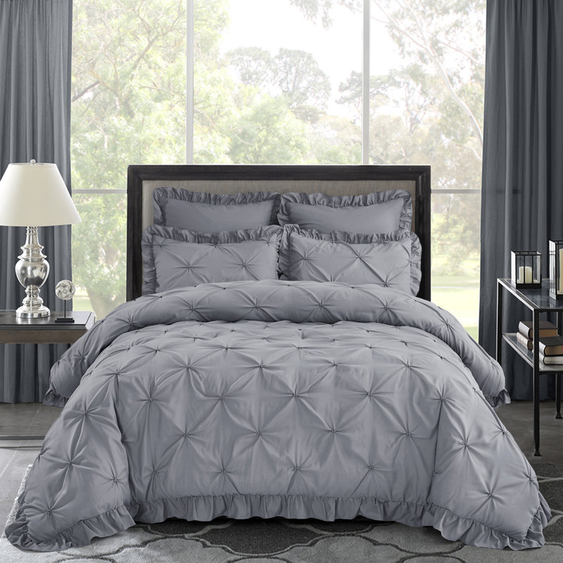 Ensemble d'édredon 5 pièces princesse romantique Pintuck, Édredon pour lit très grand + quatre taies déco, Gris