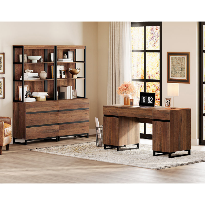 Home Office Furniture Set: 59" Executive Desk With Charging Station & Storage Cabinet + 72" Tall Bookcase With 6 Drawers, Modern Computer Desk & Library Shelf, Wood, Work Study, Brown