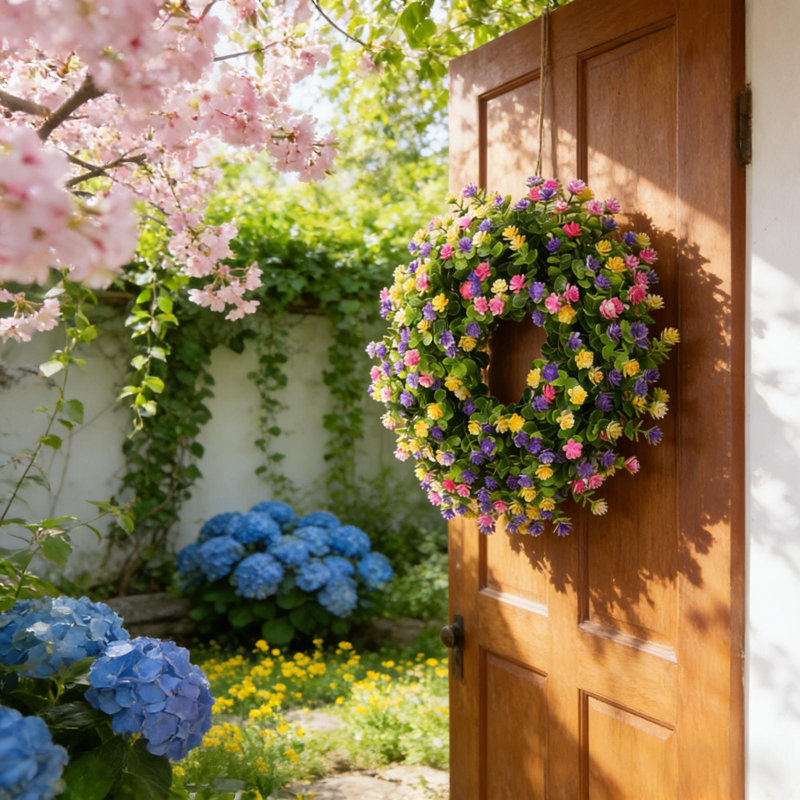 Couronne de printemps artificielle 16 pouces, couronne florale artificielle suspendue pour porte d'entrée, mur, porche, maison
