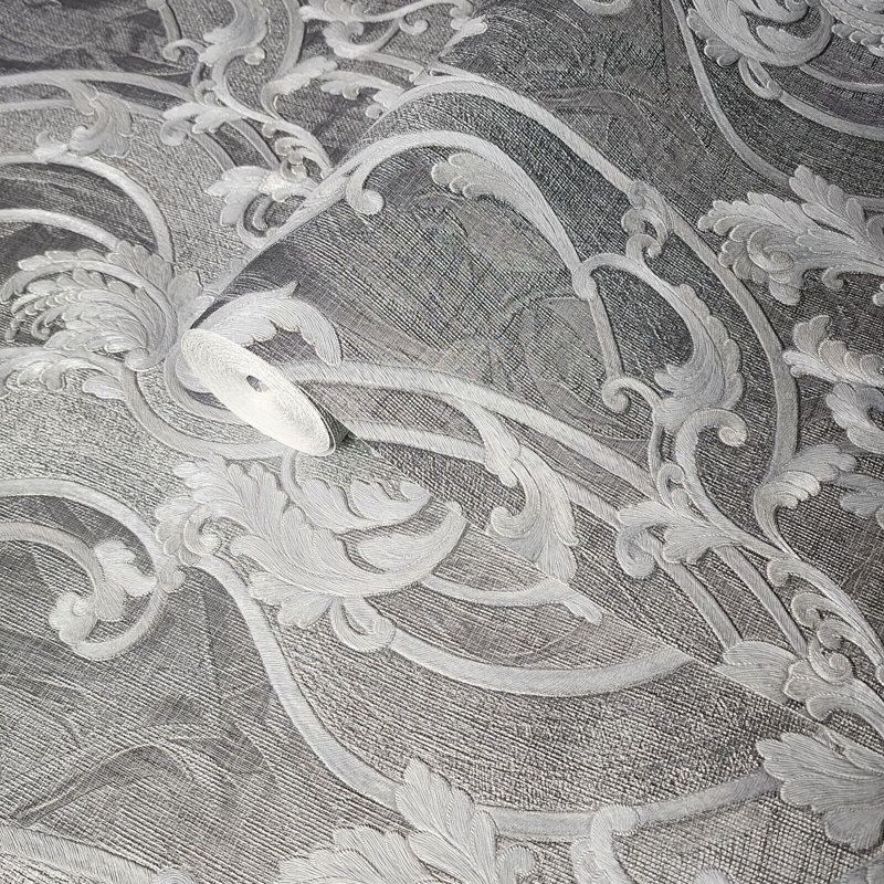 Hemal Victorian Wavy Damask Gray Silver Gold Metallic Textured Faux Fabric Wallpaper