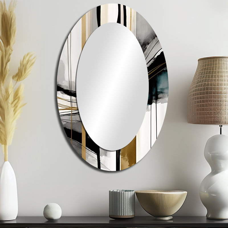 Abstract Transitional Modern Shapes II - Black Bold & Eclectic Modern Oval Wall Mirror, 36" x 24"