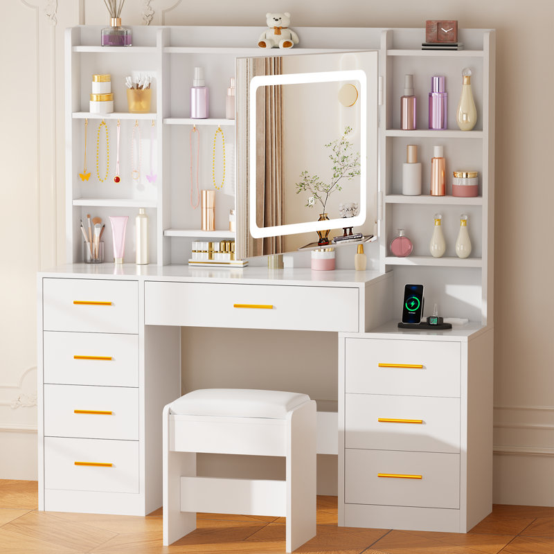 Adriel Modern Makeup Vanity With 8 Drawers & Power Outlet And Mirror Cabinet