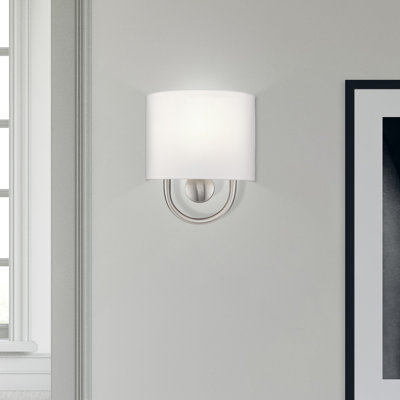 1 Light Brushed Nickel ADA Sconce With Hand Crafted Off-White Fabric Shade