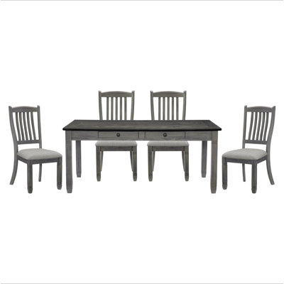 Dining Set Table w 6x Drawers Upholstered Side Chairs Casual Country Style Dining Room Furniture