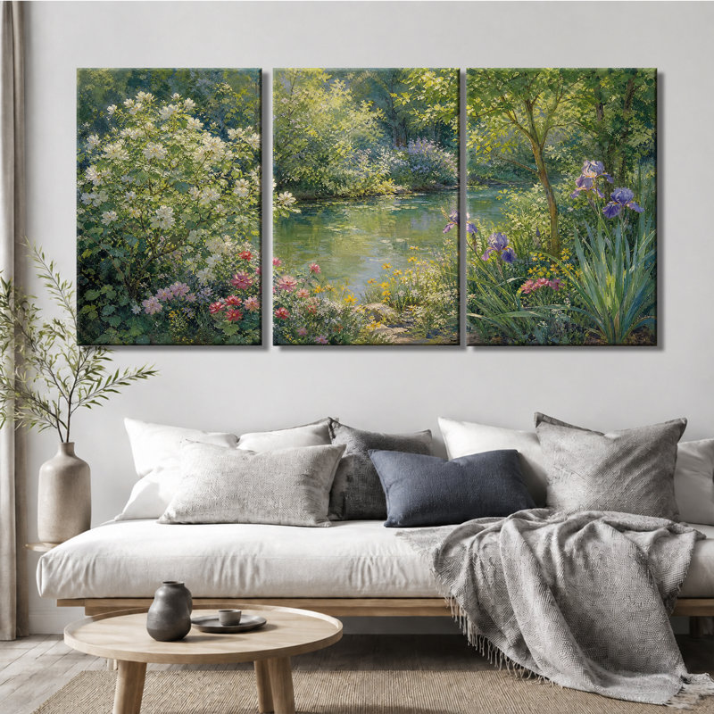 Toile, art mural jardin impressionniste, rivière Iris, fleur d'été, paysage, peinture à l'huile, décoration murale