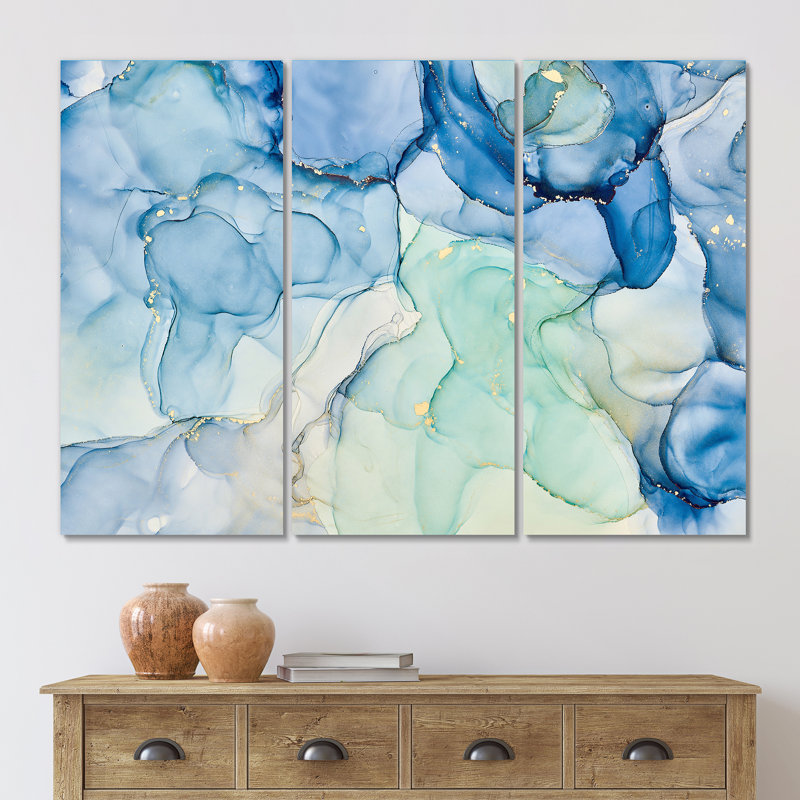 «Blue Luxury Abstract Fluid Art XXV», reproduction d'art moderne sur toile, H 32 po x l 48 po x P 1 po