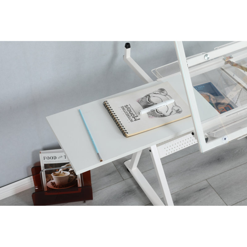 Adjustable Tempered Glass Drafting Printing Table With Chair, White