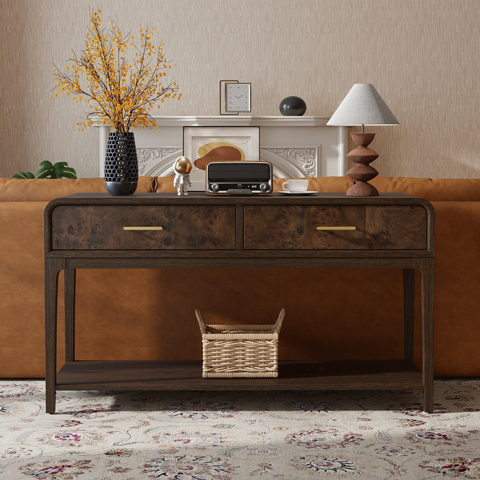 Adden Burl Wood Storage Console Table, Coffee Oak