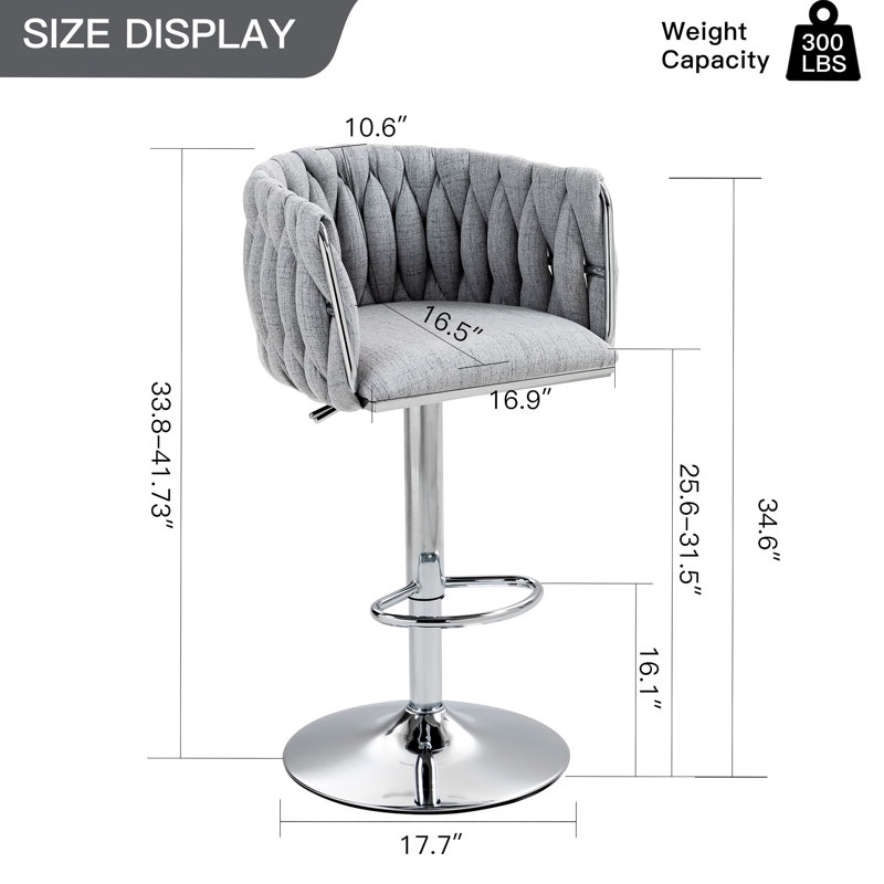 Ensemble de 2 tabourets de bar pivotants à 360 ° avec housse en tissu, chaises de bar réglables à hauteur de comptoir avec dossier tissé et repose-pieds, tabourets de bar chromés argentés pour îlot de cuisine, café, pub (gris)