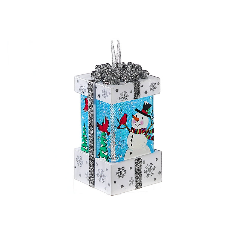 Multicolored LED Snowman Present Ornament with Glitter Bow