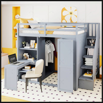 Lit mezzanine double avec armoire intégrée, bureau et tablettes pour une utilisation efficace de l'espace et une vie moderne