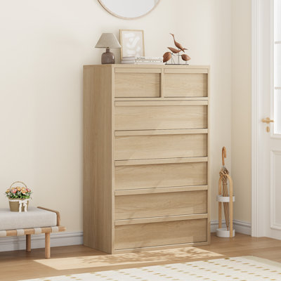 Commode 7 tiroirs pour chambre à coucher, 46 po de hauteur avec grand rangement, commode en bois pour le salon et l'entrée (chêne naturel)