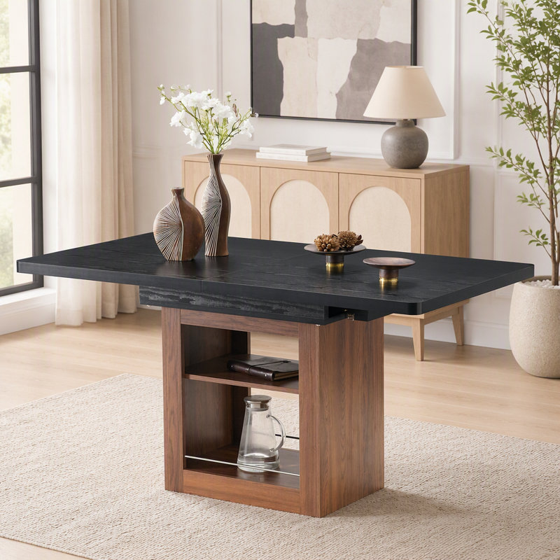 Table de salle à manger extensible avec rangement, structure télescopique de 150 à 180 cm, cadre robuste en MDF couleur noyer, pour 4 à 8 personnes
