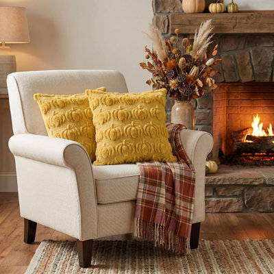 Blue Fall Pumpkin Throw Pillow Covers 18x18 Inch Autumn Thanksgiving Harvest Soft Plush Faux Fur Jacquard Cushion Case Decoration for Sofa Couch Set of 2