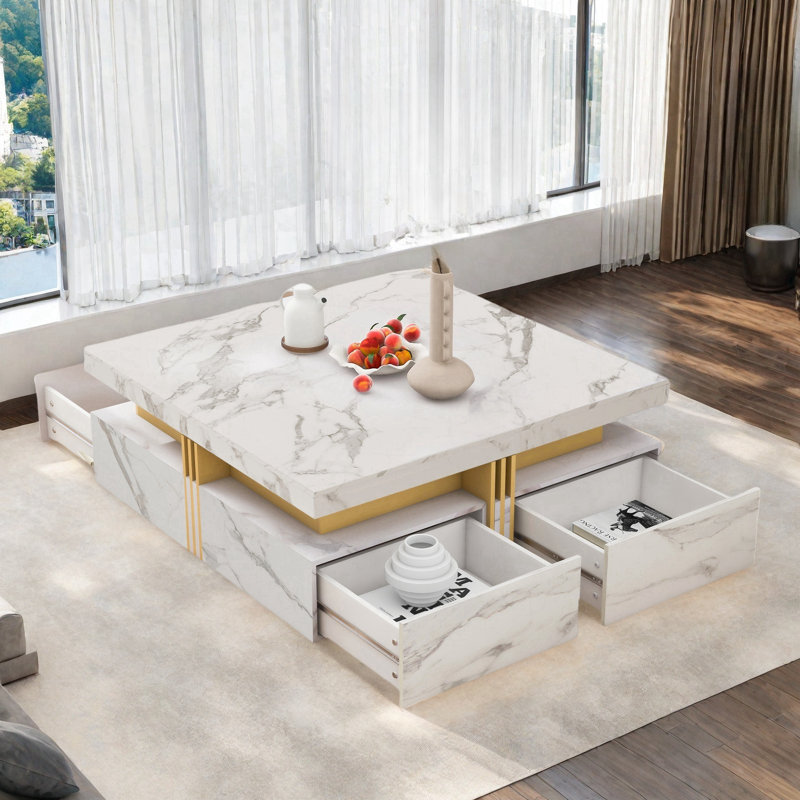 Modern Square Storage Coffee Table with 4 Drawers Contemporary Storage Table Cocktail Table Living Room Table, White Marble