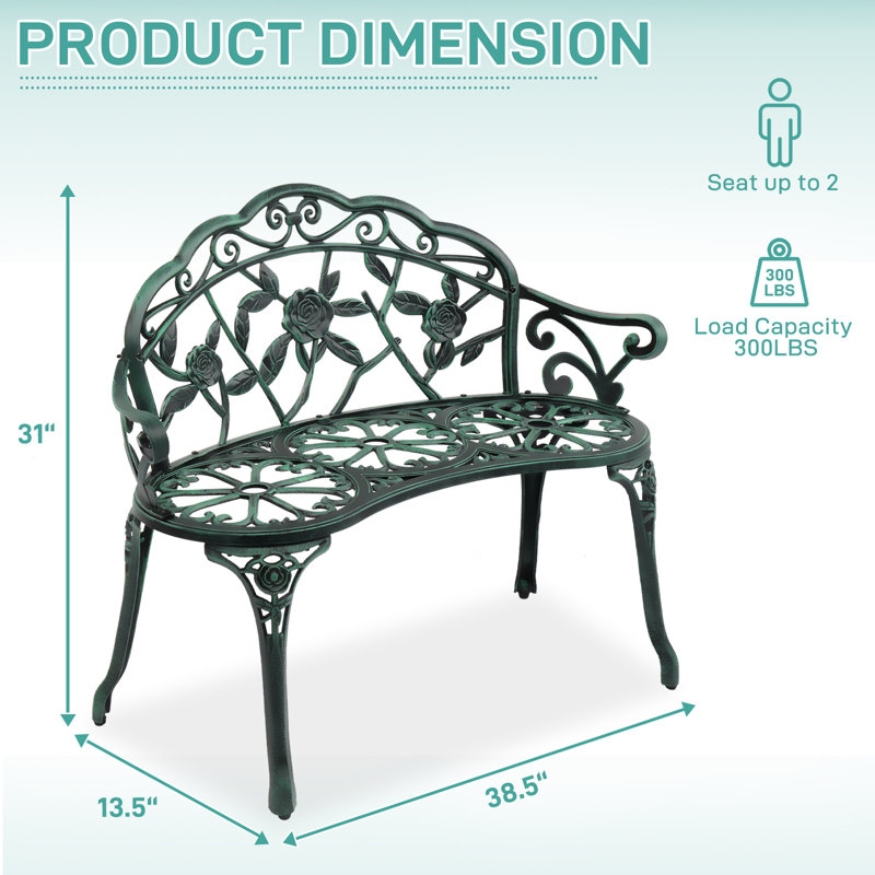 Banc de patio élégant en aluminium coulé, Aérugineux