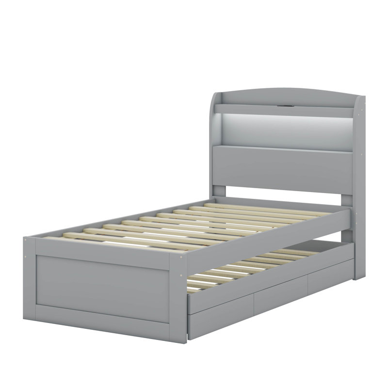 Twin XL Size Platform Bed with LED Headboard, Charging Station, Twin Size Trundle and 2 Drawers, Grey