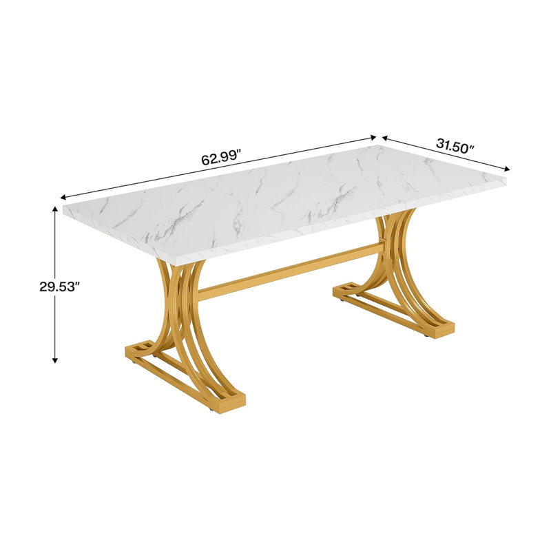 Dining Table, Rectangular, Metal Base, 63 Inch, White Marble, Gold
