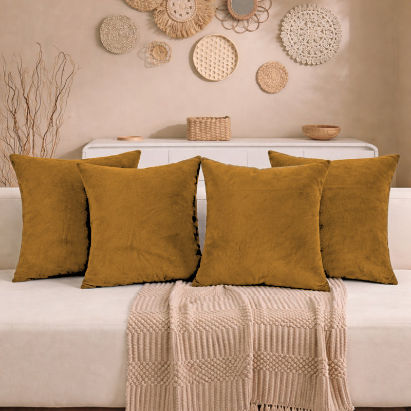 Aspire Homeware Square Plain Velvet Scatter Cushion Cover, Ochre, Pack of 4