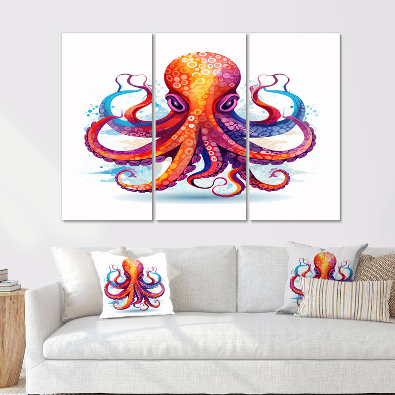 Ravenous red Octopus aquarelle - ensemble de salon art mural poulpe / calmar, Toile tendue, H 40 po x l 60 po x P 1 po