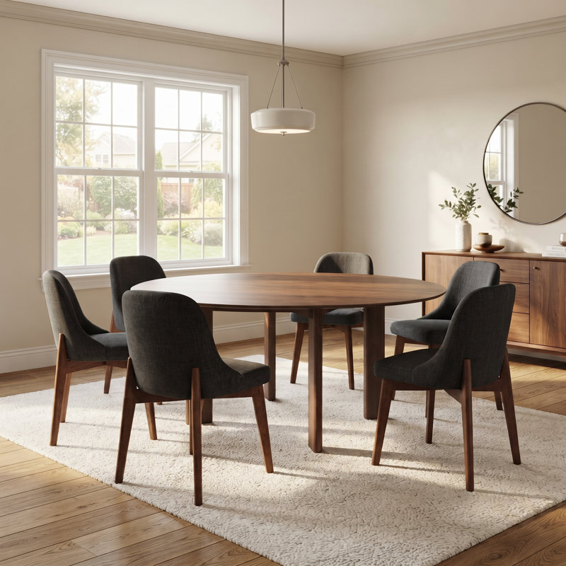 Tables de cuisine rondes en noyer de 59 po avec 6 chaises Moton, 7 Pieces: Table, 6 Chairs