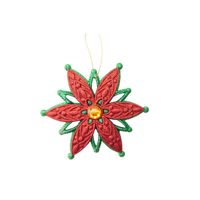 Poinsettias décoratifs rouges et verts pailletés avec pierres précieuses - Paquet de 12