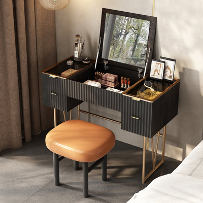 High-quality Makeup Vanity set,Glass Top,5-drawer,Very easy to assemble,Includes makeup stool，Hidden mirror, can be used as a desk