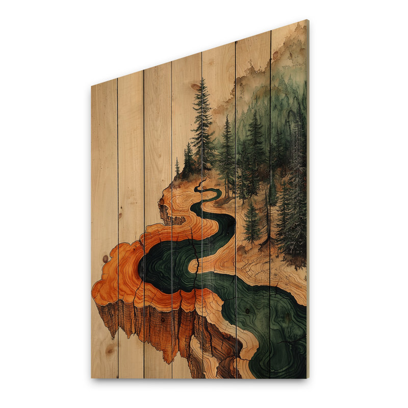 Emerald River Into The Birchwood Forest II - Art mural en bois de forêt - sur bois de pin naturel, H 40 po x l 30 po
