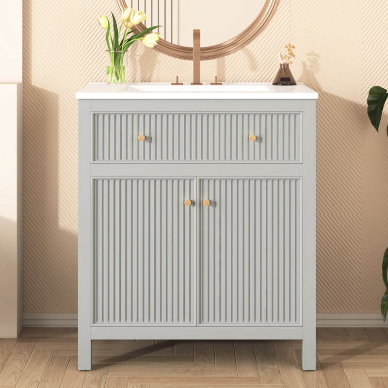 Meuble-lavabo gris avec lavabo en céramique de style contemporain, base en bois massif, espace de rangement pratique et fonctionnel