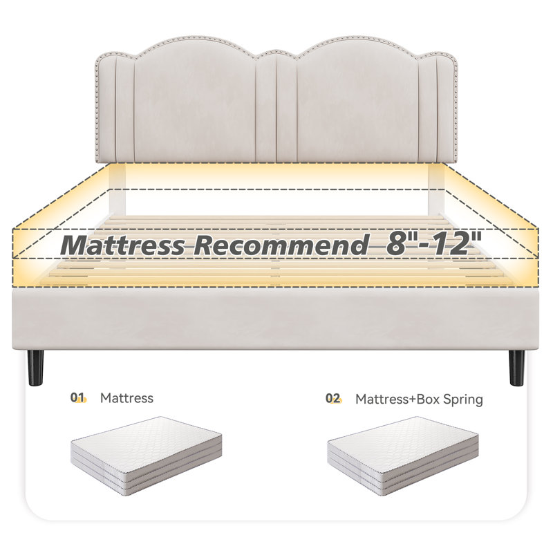 Cadre de lit avec tête de lit, cadre de lit avec lumières DEL, Beige, Grand lit