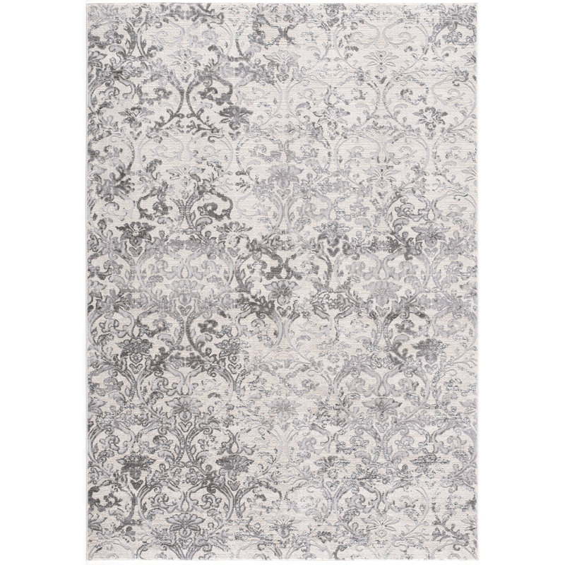 Tapis abstrait en polyester tissé à la machine en crème / gris, Rectangle 7 pi 10 po x 10 pi 10 po