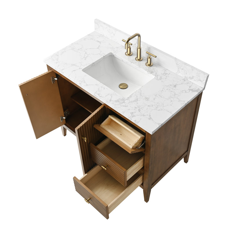 Laval 42" Single Sink Freestanding Bathroom Vanity with Engineered Marble Top, Golden Brushed, Linear Walnut