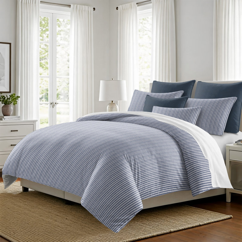 Ensemble de housse de couette à rayures en coton indigo / blanc Walker, Housse de couette simple + 1 taie décorative stan