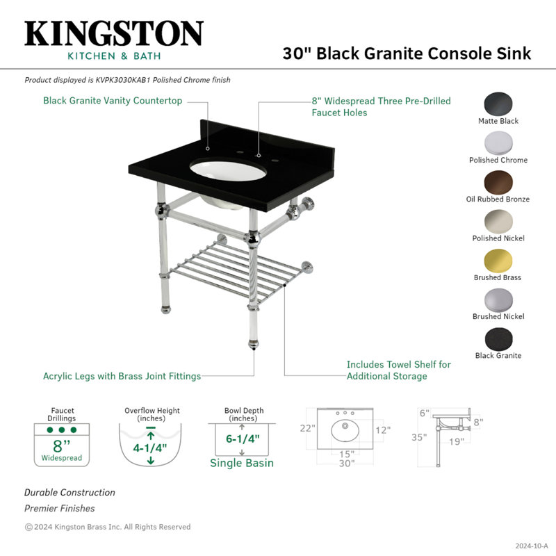 Kingston Brass Templeton 30-Inch Black Granite Console Sink with Acrylic Legs and Shelf (8-Inch, 3-Hole), Polished Nickel