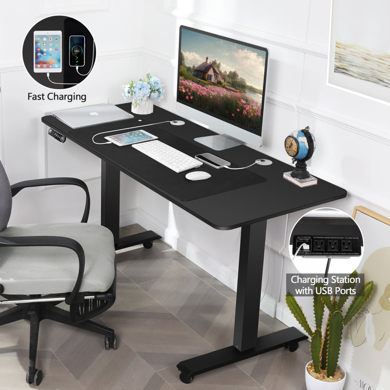Kashif 55'' Electric Height Adjustable Standing Desk With 2 USB Ports, 3 Power Outlets, and 4 Casters, 2 Hooks, Big Mouse Pad