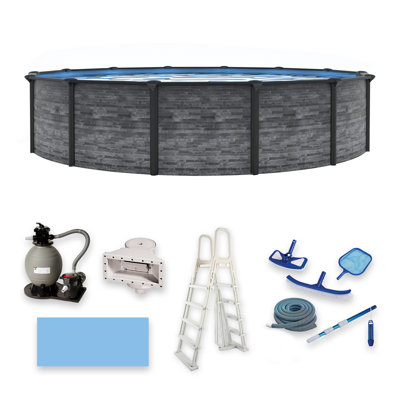 Blue Wave Marbella 24-ft Round 52-In Deep Above Ground Swimming Pool – With Steel Wall & Top Rails, Sand Filter, Overlap Liner, A-Frame Ladder & Maintenance Kit – Complete Outdoor Pool Accessories
