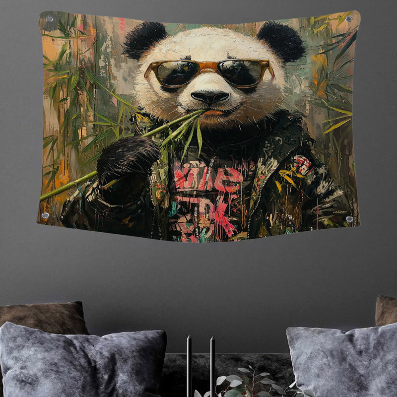 Tapisserie murale panda avec lunettes - Décoration murale animal, H 68 po x l 80 po