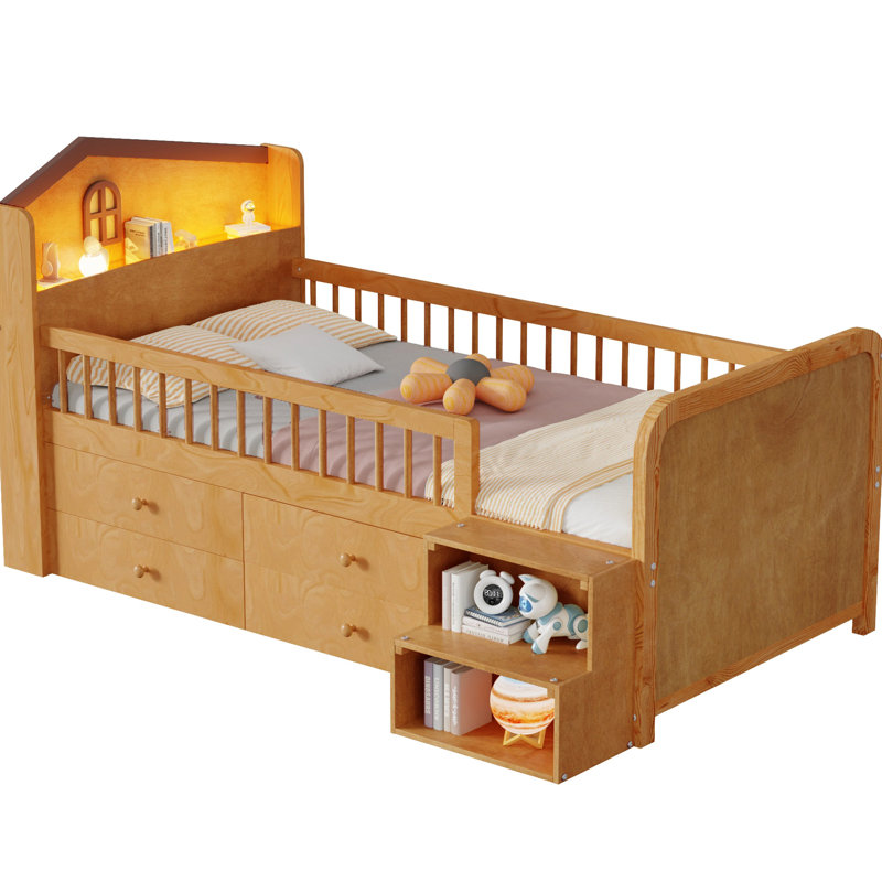 Lit mezzanine simple avec éclairage à DEL et espace de rangement pour tiroirs fonctionnels naturels, Naturel