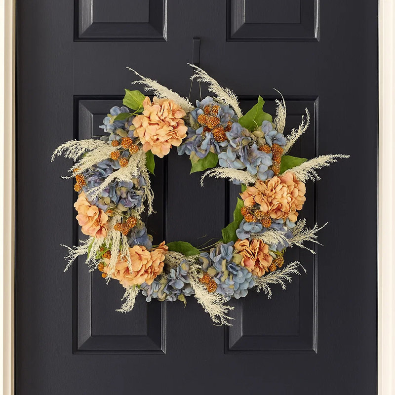Couronne d'automne 24 po avec hortensias, baies et pampas