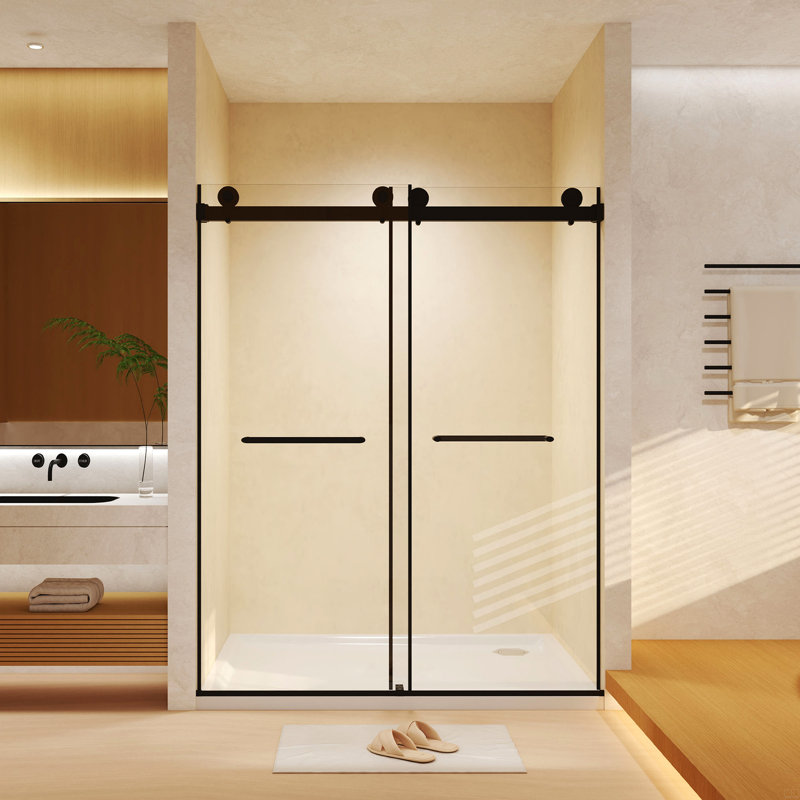 Frameless Double Sliding Shower Door 60 "W X 74" H, 5/16 "(8Mm) Tempered Glass, Explosion Proof Film, Stainless Steel Handle