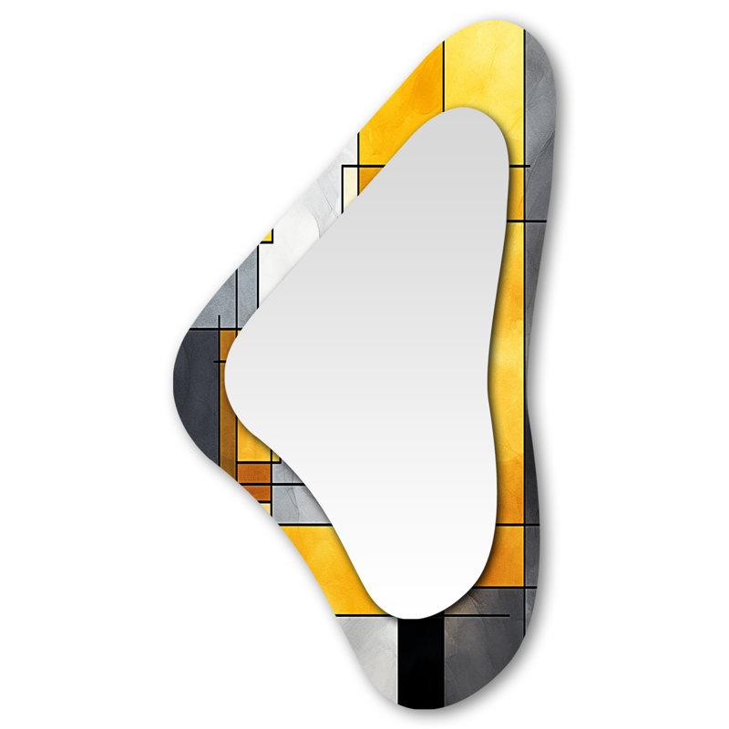 Varun Yellow and Grey geometric fusion 3 - Geometric Asymmetrical Mirror, Yellow Irregular Shape Decorative Wall Mirror, Printed Metal Art