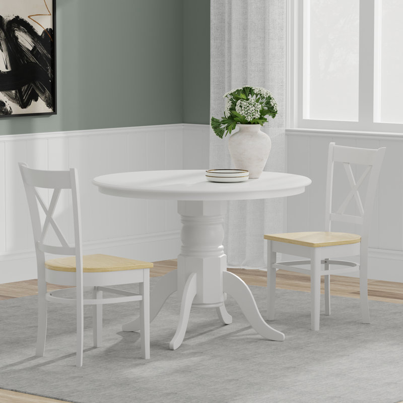 Turrella Solid Wood Top Pedestal Dining Set, 3 Piece Dining Set, White, White/Natural